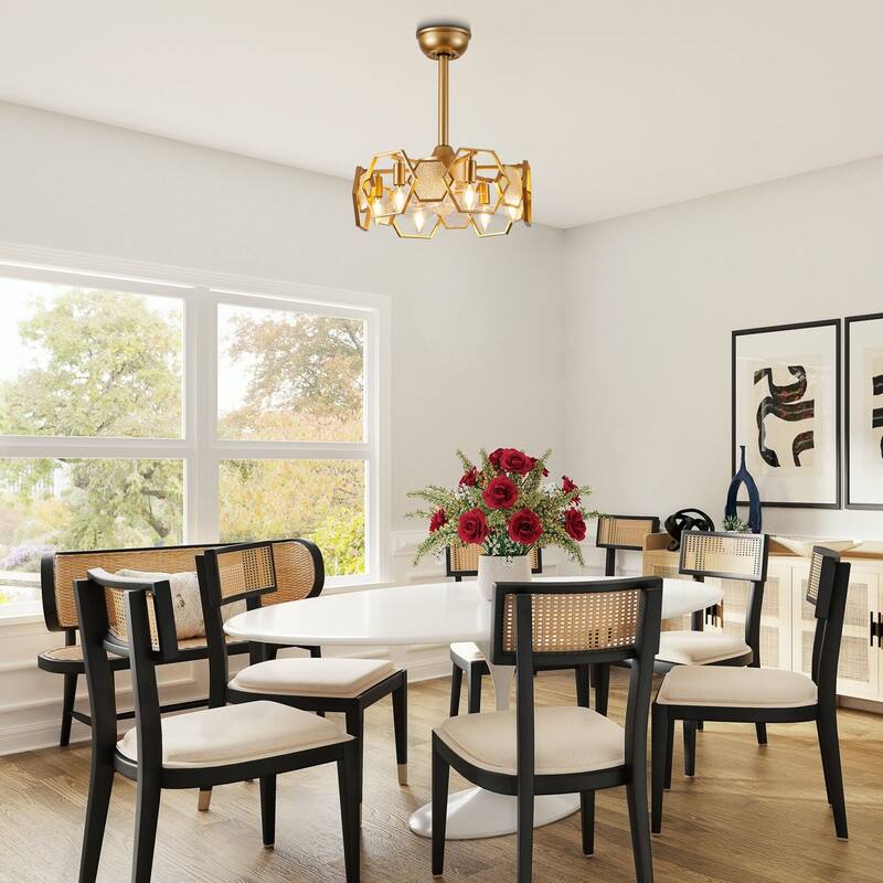 CurveCurio 20" Chandelier Ceiling Fan w Textured Glass Accent, 6 Lights Quiet DC Motor 6 Speed w Remote Control