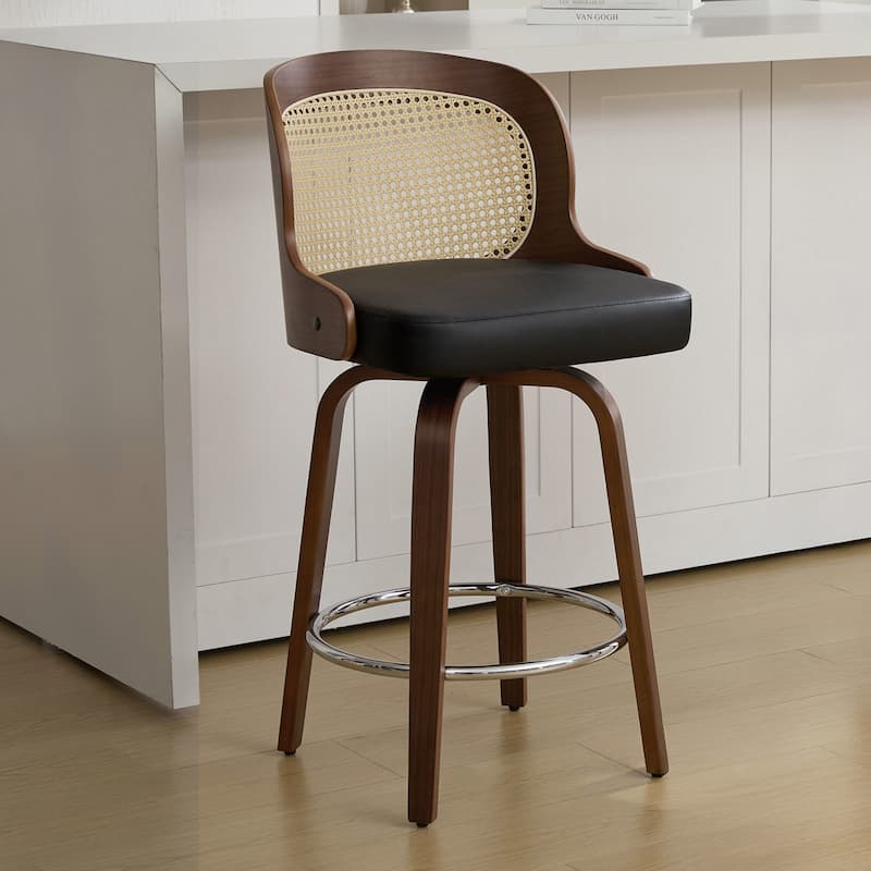 26" Upholstered Swivel Counter & Bar Stool with Rattan Back - 37.4"H x 19.09"W x 19.88"D - Single - Black