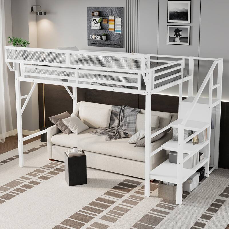 Twin XL Size Loft Bed with Stairs, Metal Full Loft Bed with Storage Shelves, High Loft Bed with Wardrobe for Kids Teens