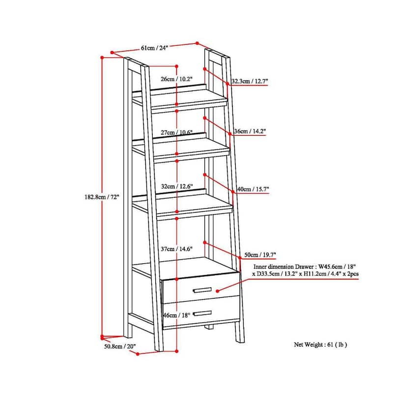 WYNDENHALL Hawkins SOLID WOOD 72 inch x 24 inch Modern Industrial Ladder Shelf with Storage - 24"w x 20"d x 72"h