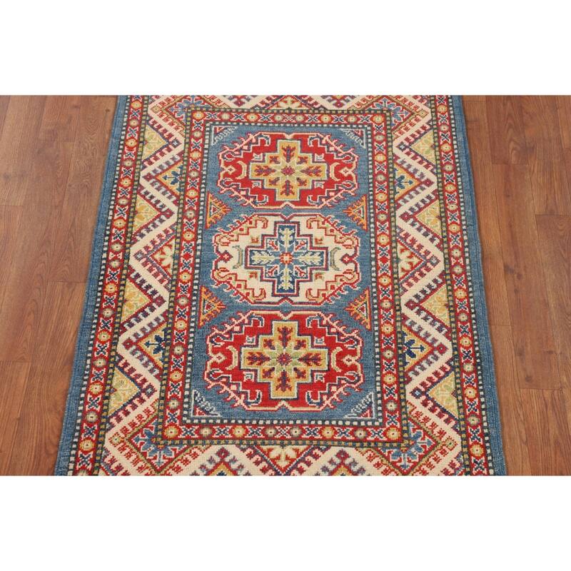Blue Geometric Kazak Foyer Rug Hand-Knotted Traditional Wool Carpet - 2'10" x 4'1"