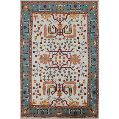 Light Blue Oushak Oriental Rug Hand-Knotted Transitional Wool Carpet - 4'0" x 5'11"
