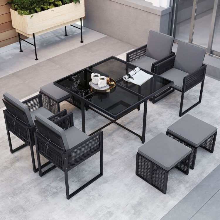 9 Piece Patio Dining Set with Cushions Outdoor Furniture for Backyard Deck - 43.5" x 43.5" x 28.5"
