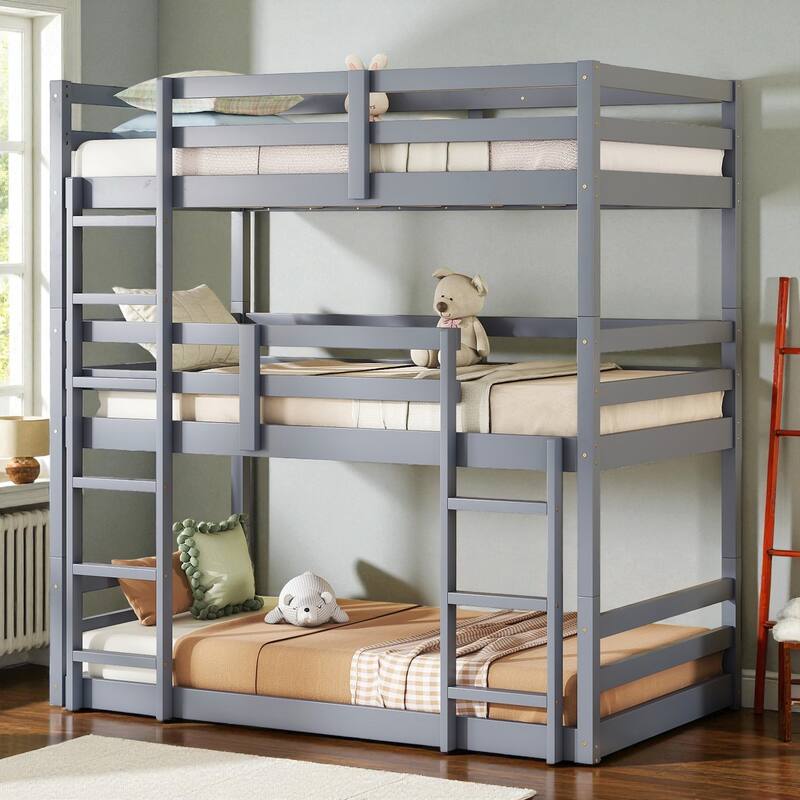 Twin Over Twin Over Twin Rubber Wood Triple Bunk Bed with Guardrails and Two Built-in Ladders, Detachable 3-Tier Bed Frame