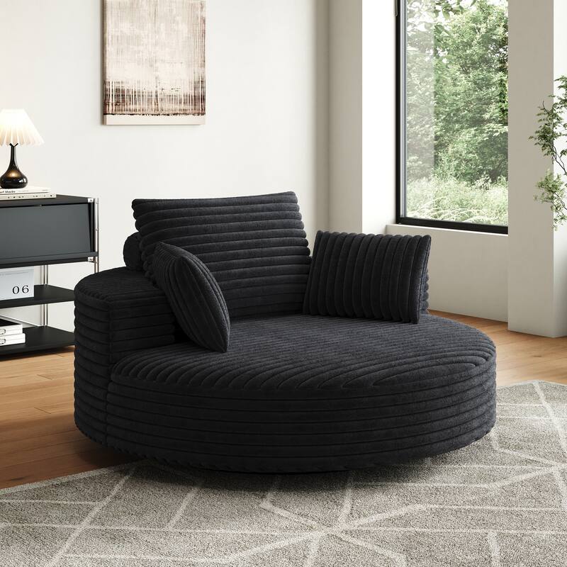 Oversized Swivel Accent Chair, Corduroy Round Lounge Sofa Chair, Upholstered Reading Armchair with Back Cushion & 2 Pillows