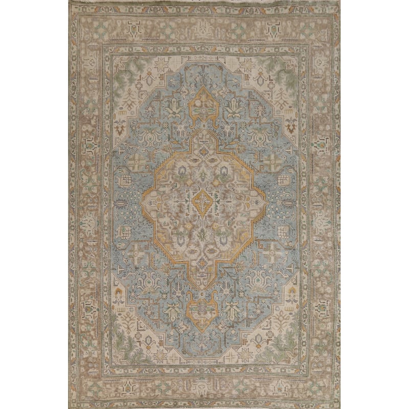 Geometric Blue Tabriz Persian Area Rug Handmade Blue Wool Carpet - 6'7"x 9'8"
