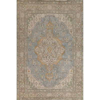 Geometric Blue Tabriz Persian Area Rug Handmade Blue Wool Carpet - 6'7"x 9'8"