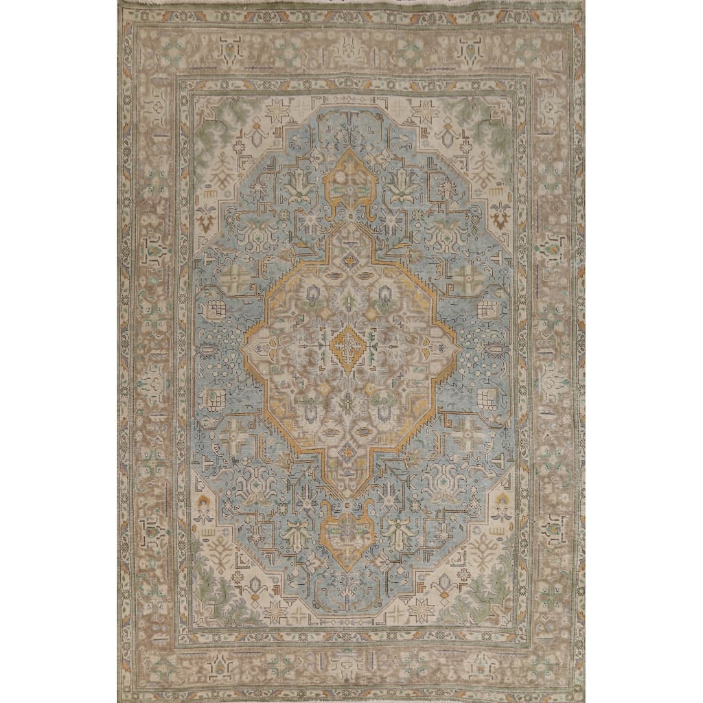 Geometric Blue Tabriz Persian Area Rug Handmade Blue Wool Carpet - 6'7"x 9'8"