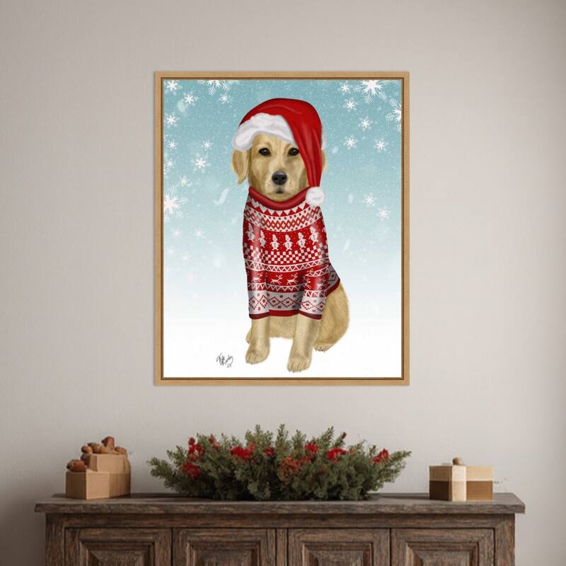 Golden Retriever in Christmas Sweater by Fab Funky (23 x 28 in.), Framed Canvas Wall Art Print - Sylvie Natural