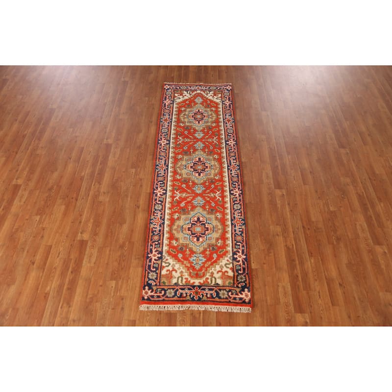 Geometric Heriz Serapi Style Runner Rug Handmade Orange Wool Carpet - 2'6" x 7'10"
