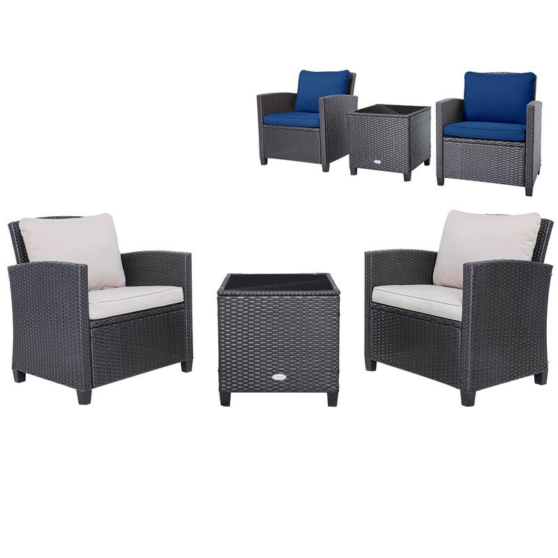 3 Pieces Rattan Patio Furniture Set with Washable Cushion - Chair: 26.5" x 26.5" x 30"