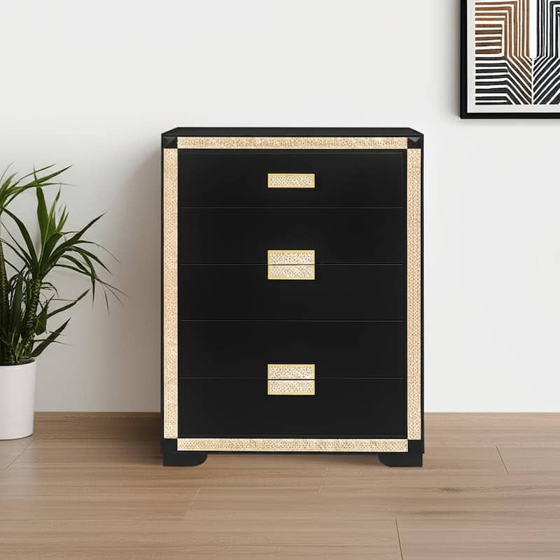 HomeRoots 48" Black And Gold Faux Crystal Bling Wood Six Drawer Dresser - Gold/Black - 6-drawer