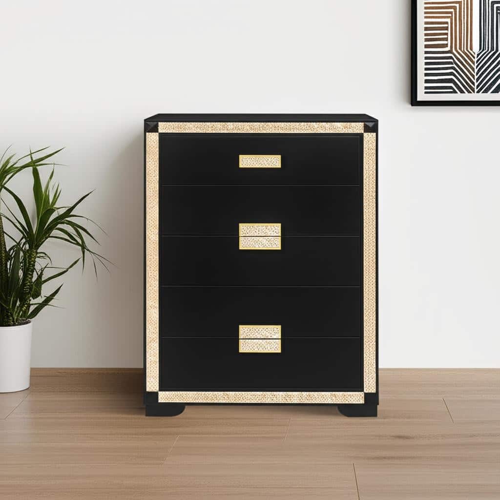 HomeRoots 48" Black And Gold Faux Crystal Bling Wood Six Drawer Dresser