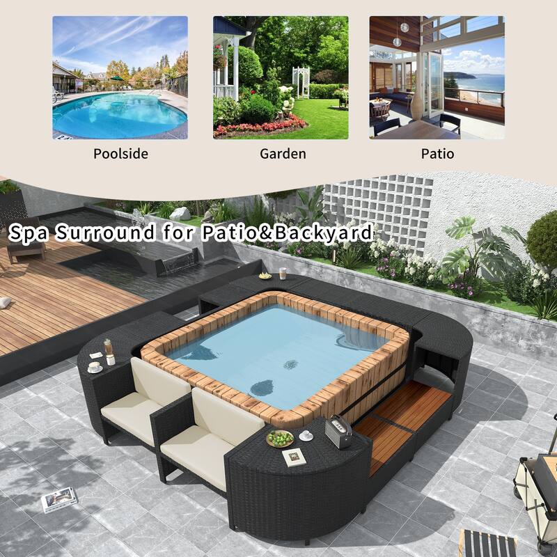 Outdoor Rattan Spa Frame Conversation Sofa Set with Storage & Wooden Bench