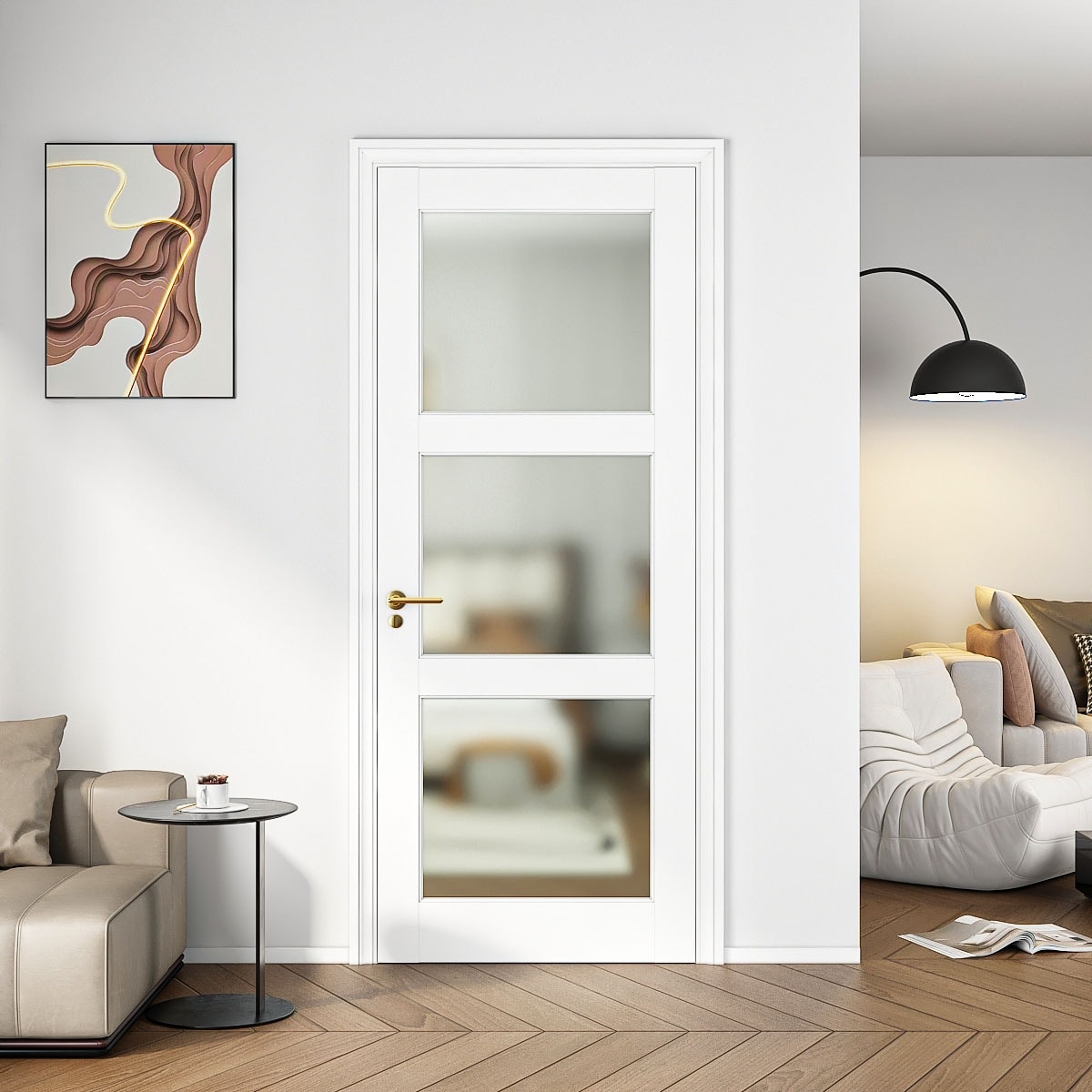 32" X 80"3-Lite French Interior Tempered Frosted Glass Door Slab for Pantry Doors, Solid Core Interior Door Hardware Kit