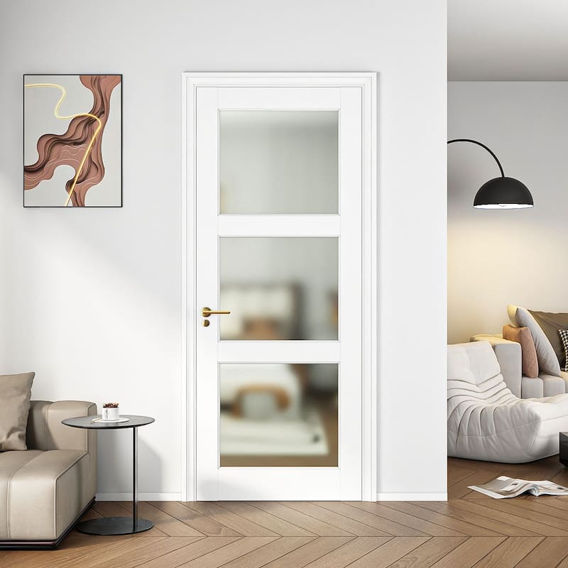 32" X 80"3-Lite French Interior Tempered Frosted Glass Door Slab for Pantry Doors, Solid Core Interior Door Hardware Kit