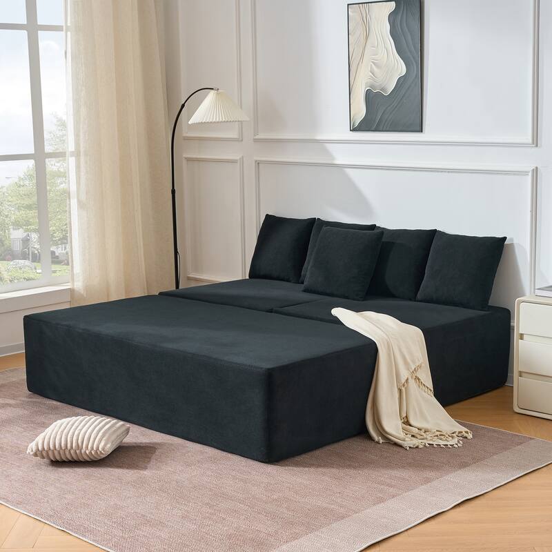 Modular Sectional Sofa with L-Shape Chaise Lounge, Velvet Boneless Cloud Couch, Compressed Sofa with 5 Pillows