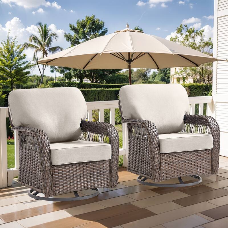Pocassy Patio Outdoor Sofa Ottoman with Swivel Chair Table Funiture Set. - Brown Wicker Beige Cushion - 2-Piece Swivel Chair