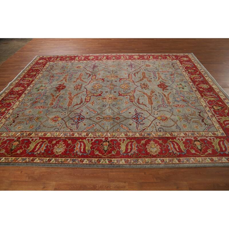 Vegetable Dye Ziegler Area Rug Handmade Green Floral Wool Carpet - 7'11" x 9'10"