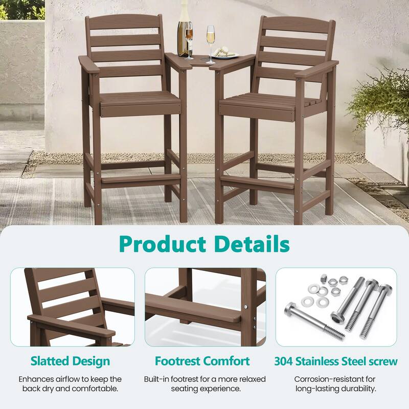 HDPE 2-Piece High Bar Stool Set with Umbrella-Compatible Connecting Panel