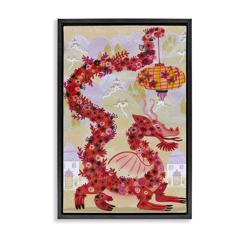 Stupell Dragon & Lantern Mythology Framed Floater Canvas Wall Art Design By Kay Widdowson - 21 x 31 - Black