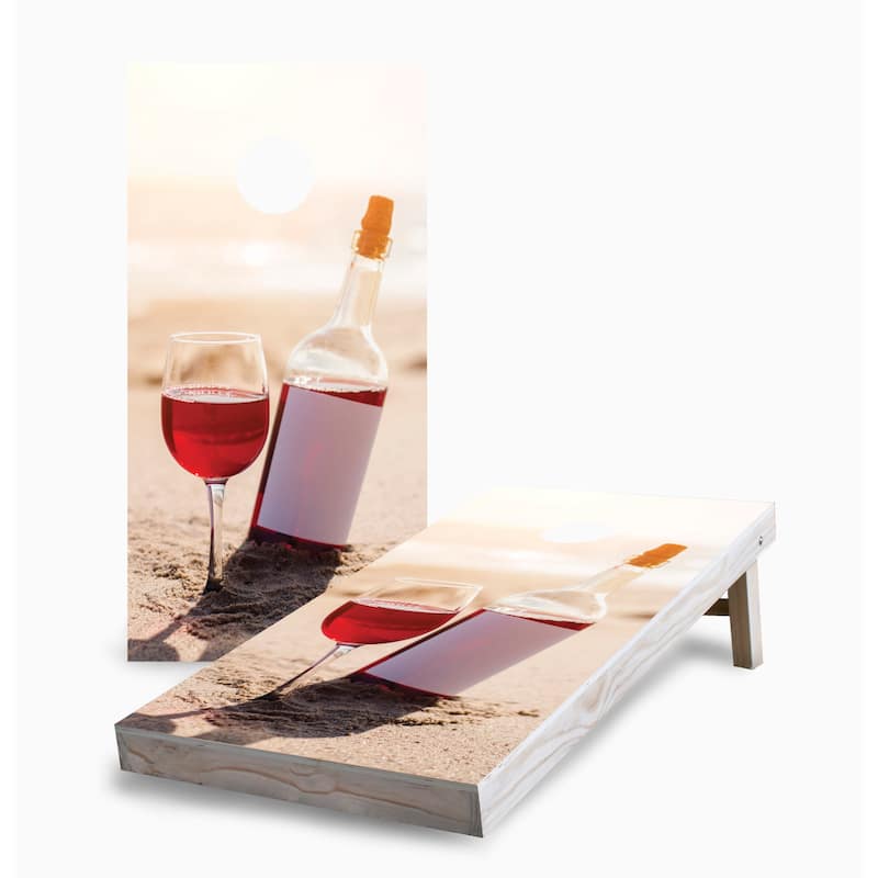 Red Wine Bottle on the Beach Corn Hole Board Set with Hole Lights - 16 Years and Up