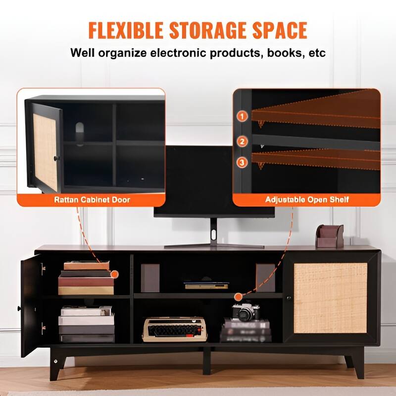 Rattan TV Stand for 75 Inch TV Mid Century Modern Cabinet with Storage - 17.4x17.4x13.8in
