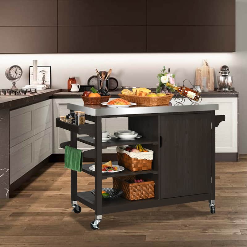 Moasis Solid Wood Bar Cart Grill Table Stainless Steel Top for Patio Kitchen Island