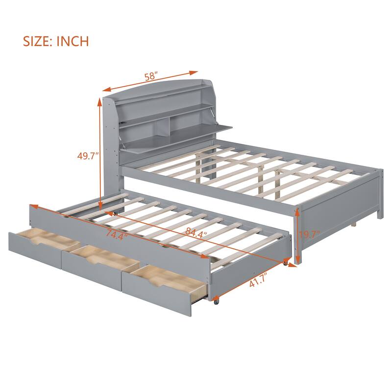 Full Size Gray Wooden Bed with LED Night Light, Trundle, and Under-Bed Storage Drawers