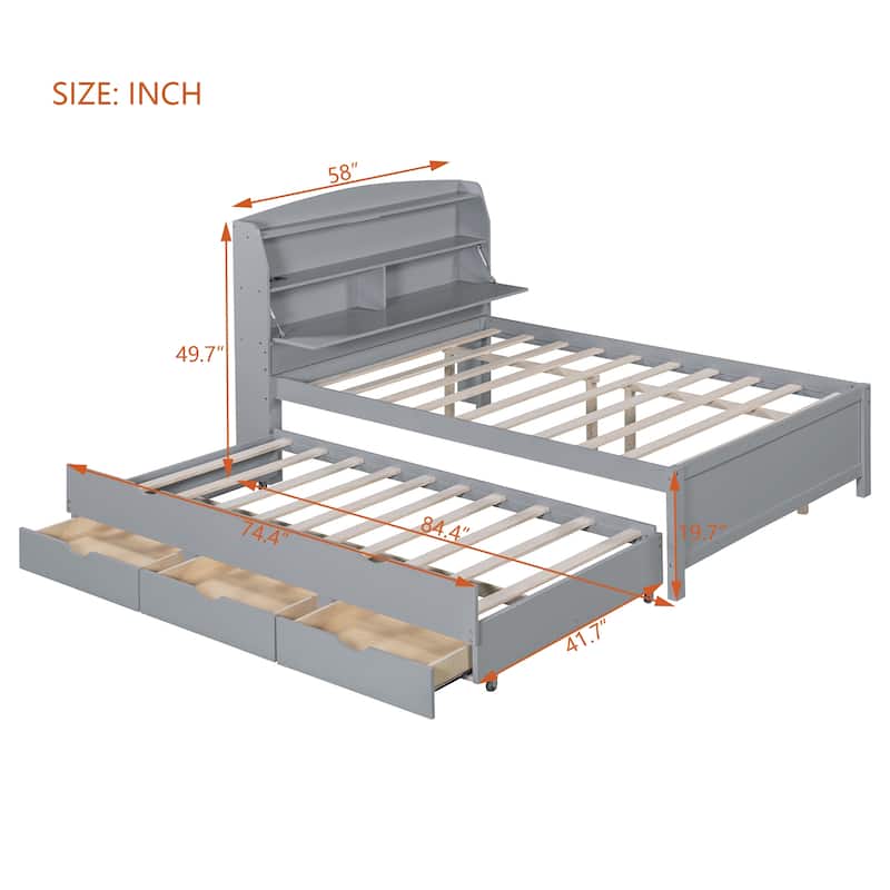 Wooden LED Platform Bed with Trundle and Storage Headboard,USB Outlets