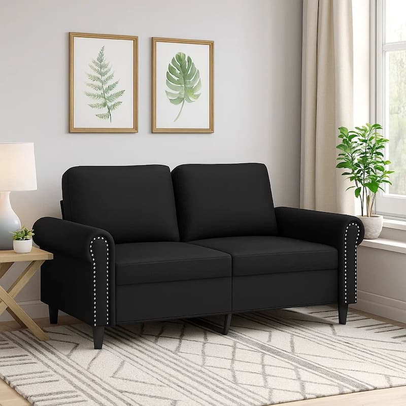 2 Seater Sofa, Nailhead Trim Black Faux Leather Cushions, 60 Inch