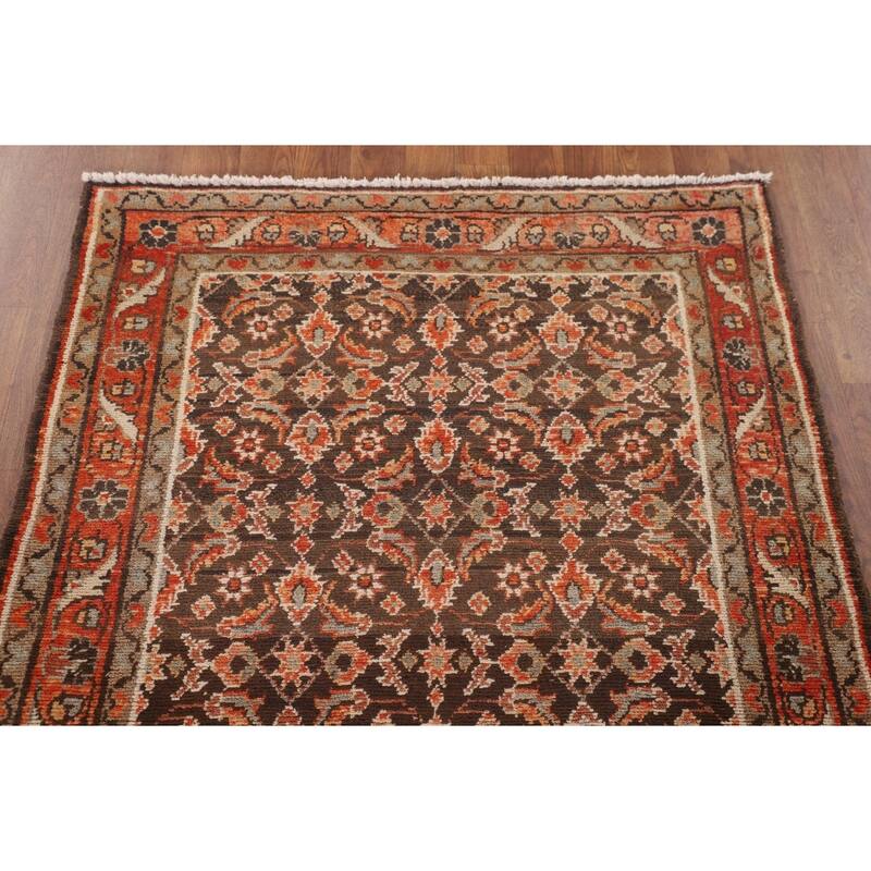Brown Hamedan Persian Vintage Runner Rug Handmade Wool Carpet - 3'4"x 10'5"