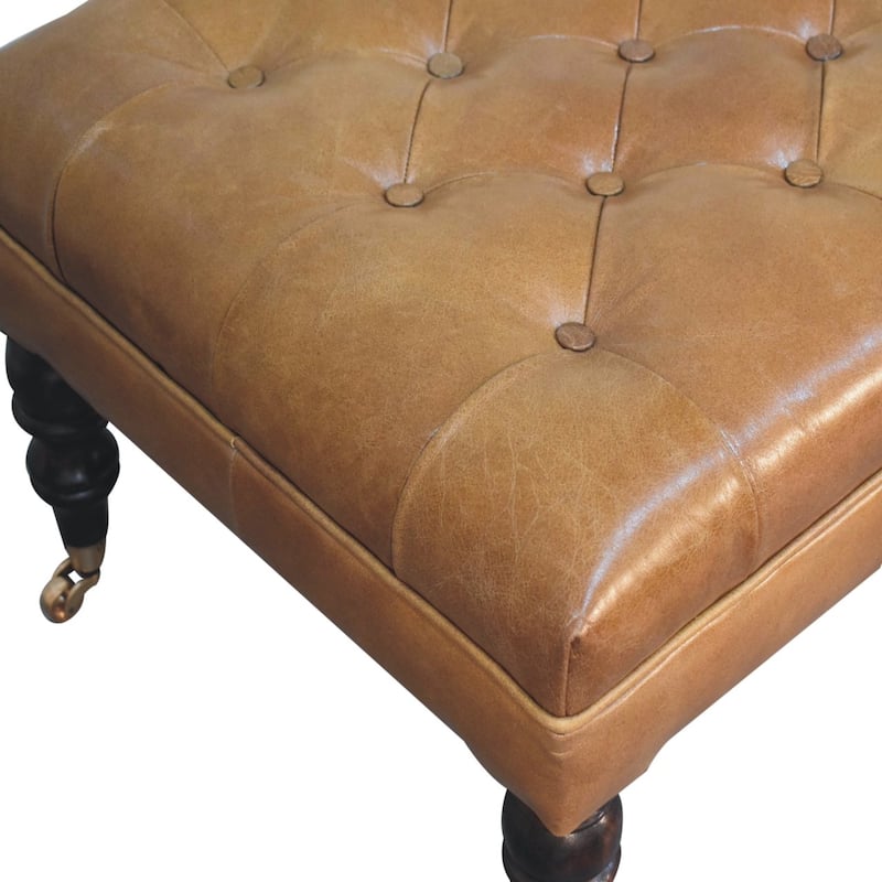 Artisan Furniture Solid Wood , Leather upholstered, California Walnut Buffalo Green Leather Ottoman with Castor Legs , Brown