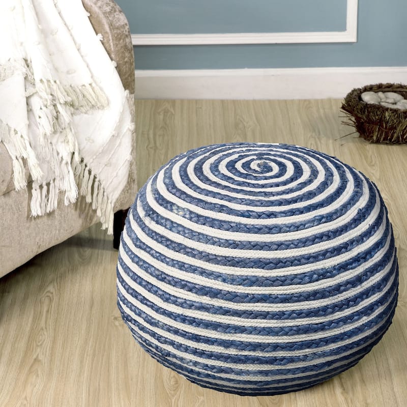 20" Navy and White Two Tone Hand Knitted Round Pouf Ottoman