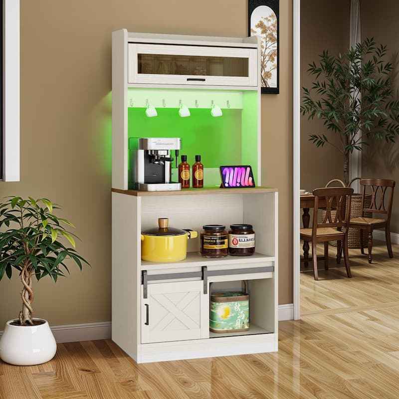 Moasis Farmhouse Kitchen Baker's Rack with Storage Shelves and Sliding Door & Power Outlets - White