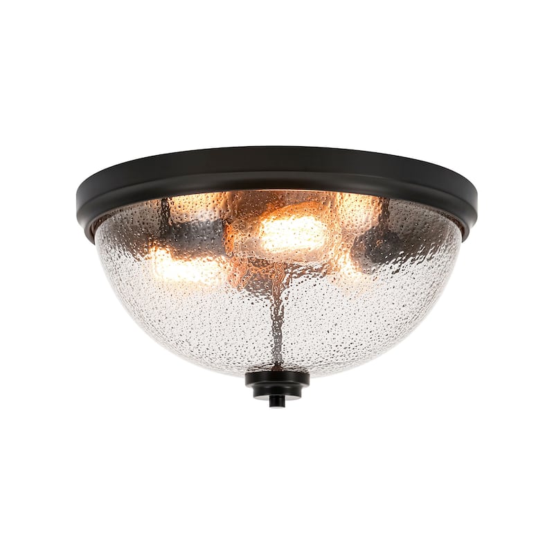 15.9" W 3-Light Vintage Matte Black Dome Metal Flush Mount Bowl Ceiling Light with Transparent Black Textured Glass for Foyer