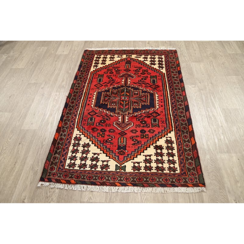 Geometric Persian Hamedan Area Rug Wool Hand-knotted Foyer Carpet - 3'3" x 4'9"
