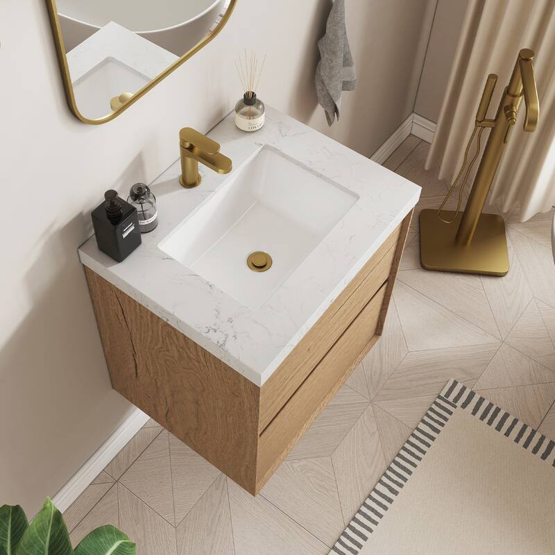 Sylphar 24 inch Bathroom Vanity with Sink, Floating Oak Cabinet with Stone Top