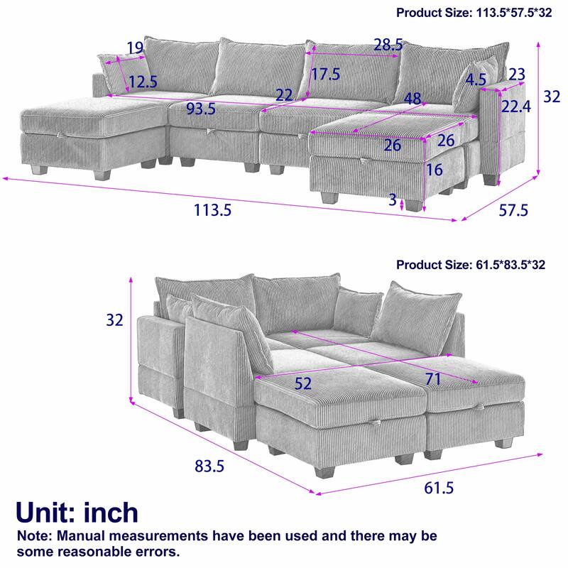 113.5'' Modern U-shaped Corduroy Modular Convertible Sectional Sofa with Storage Ottoman