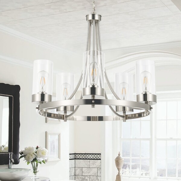 CO Z 5 Light Wagon Wheel Chandelier w Glass Shades On Sale Bed Bath Beyond 32546682