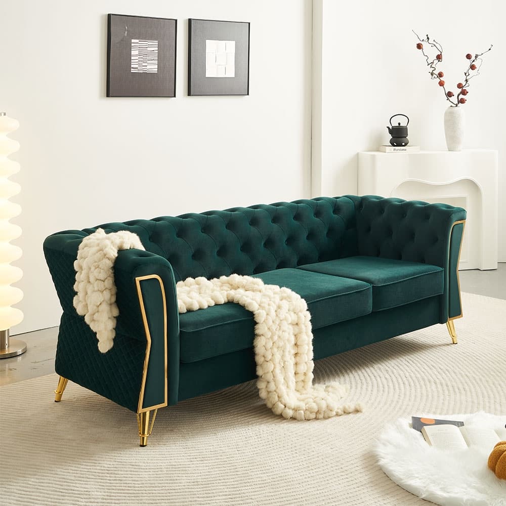 Mid-century Couch Velvet Upholstered Sofa with Button Tufted Backrest, Unique Armrest Design and Golden Metal Decor