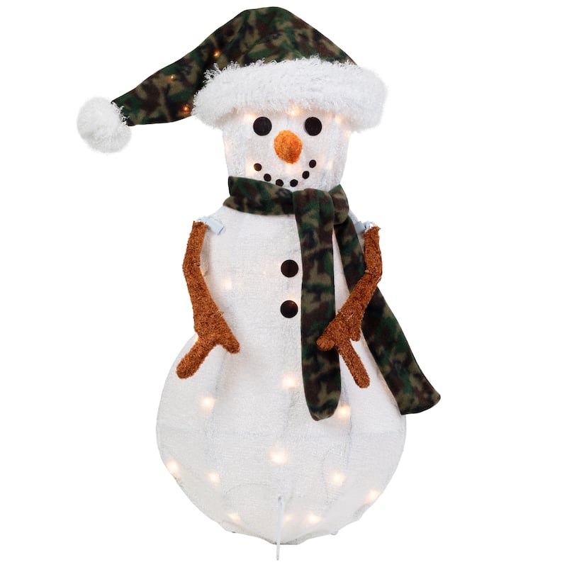 24" Lighted White Green Chenille Snowman Outdoor Christmas Decoration