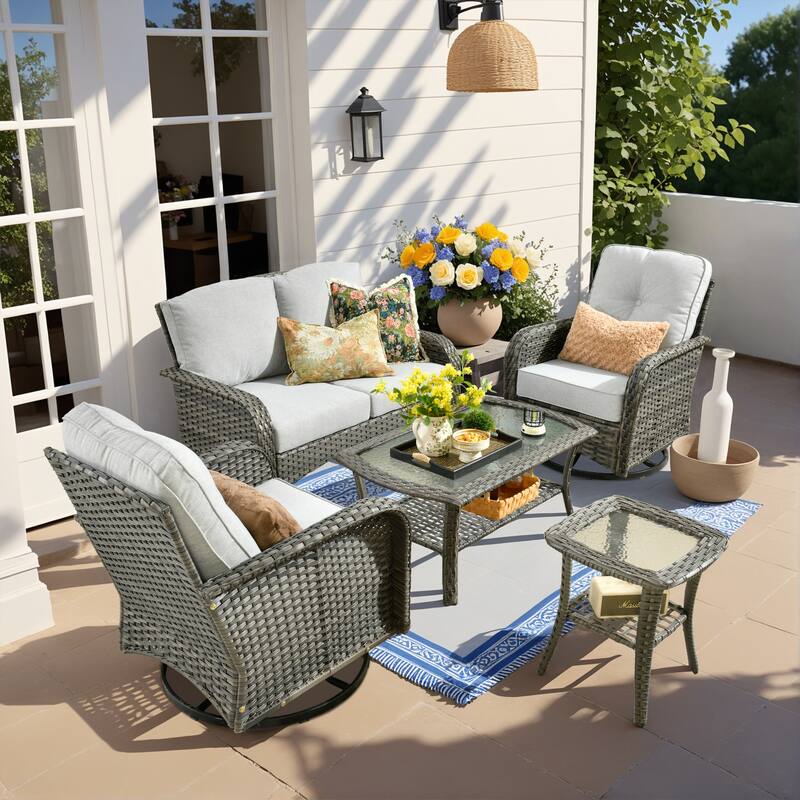 OVIOS 5 Piece Outdoor Wicker Loveseat Rocking Chair Set - Grey