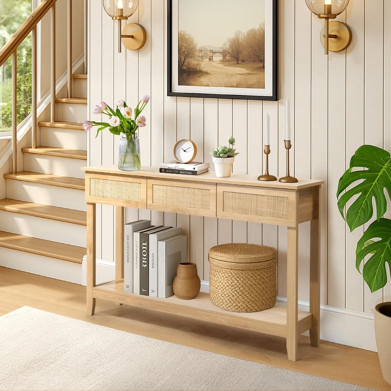 Wood Color 2-layer 3-draw MDF 130 * 30 * 81cm Rattan Surface Entrance Table