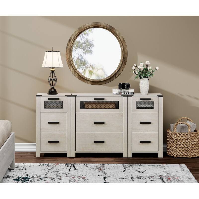 WAMPAT TV Stand with 9 Drawers, Dresser Cabinet with Storage Organizer Units ,Chest Tower with Mesh Door - 1 Pack - Antique White