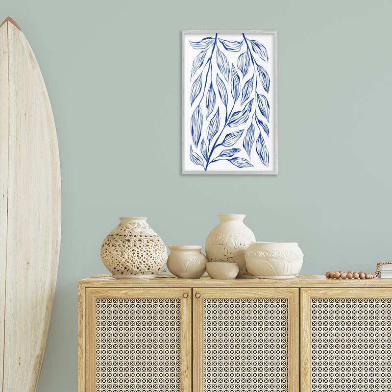 Stupell Simple Blue Leaves on White Framed Giclee Art Design By Martina Pavlova