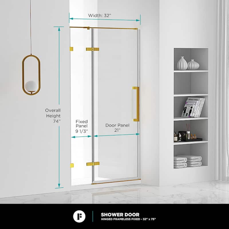 Fine Fixtures Hinged Clear Frameless Glass Shower Door Enclosure