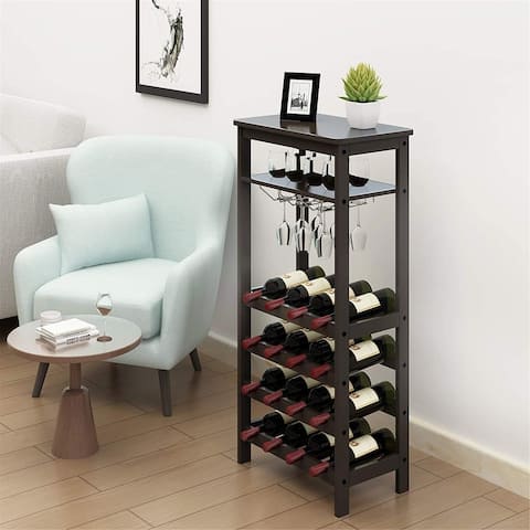 Bamboo Wine Rack Free Standing Wine Holder Display Shelves with Glass Holder Rack, 16 Bottles Stackable Capacity