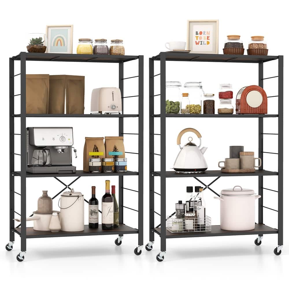 Gymax 2 PCS 4-tier Foldable Storage Shelf w/ Lockable Wheels Home