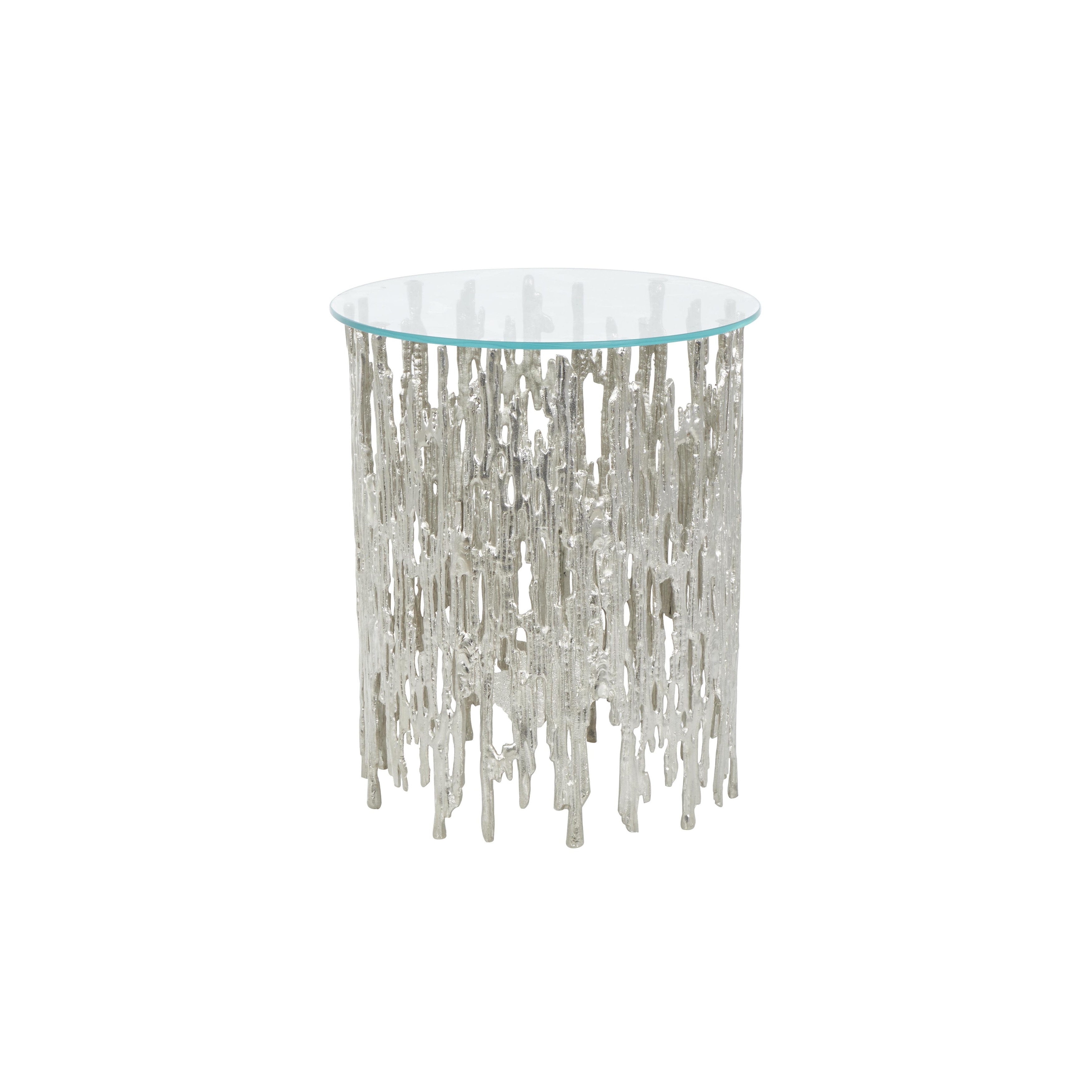 Roche River Decor - Aluminum Metal Abstract Metallic Cutout Accent Table with Glass Tabletop - Silver